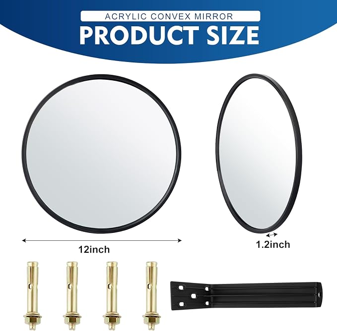 Maitys 2 Pcs Convex Mirror Acrylic Safety Security Traffic Garage Corner Mirror Adjustable Wide Angle View Mirror with Fixing Bracket for Indoor Outdoor School Classroom Warehouse (12 Inch)