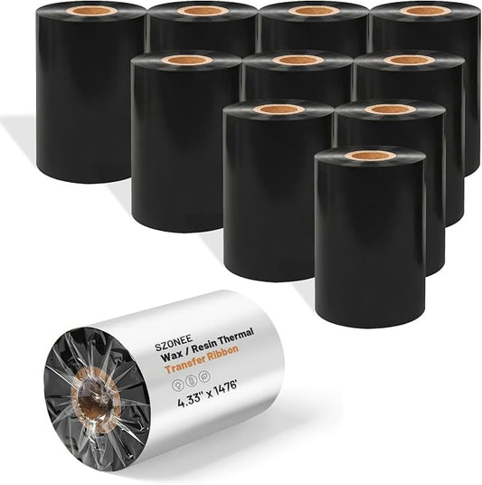 10 Rolls Resin Enhanced Wax Ribbon 4.33" x 1476' – 1" Core Thermal Transfer Ribbon for Barcode Labels, CSO-Ink Outside, Compatible with Zebra, Sato, Datamax, TSC, GoDex, Citizen