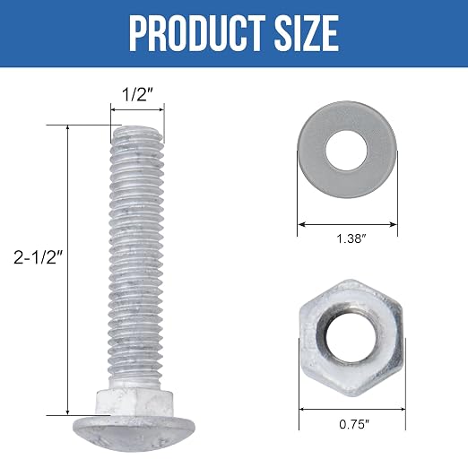 1/2" x 2-1/2" Carriage Bolts (25 PCS), Hot Dip Galvanized, Heavy Duty Round Head with Washers and Nuts