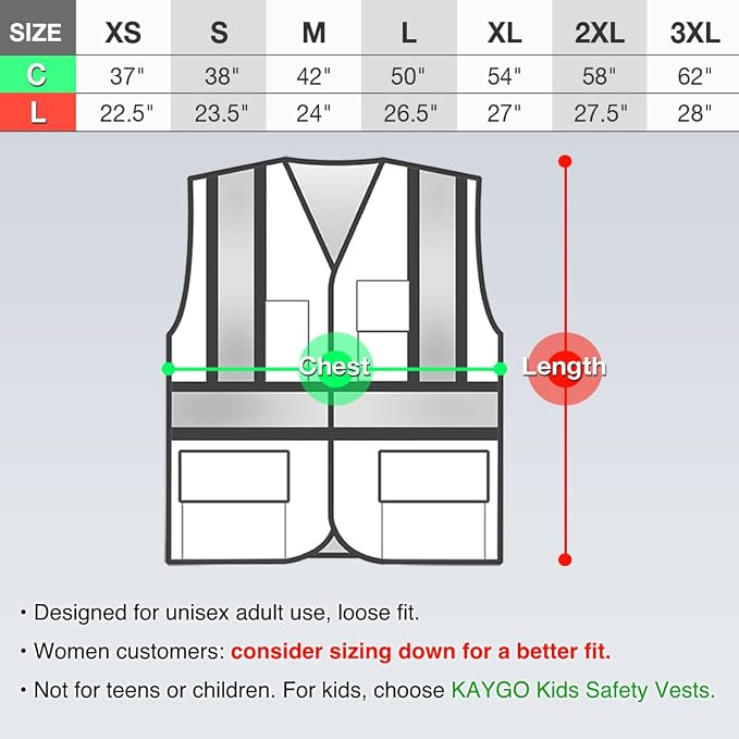 KAYGO Reflective High Vis Safety Vest with Pockets for Men and Women KG0100 | Breathable Polyester Lightweight, Two-Tone, ANSI Class 2, for Construction, Warehouse, Surveying, Cycling, Machine Washable