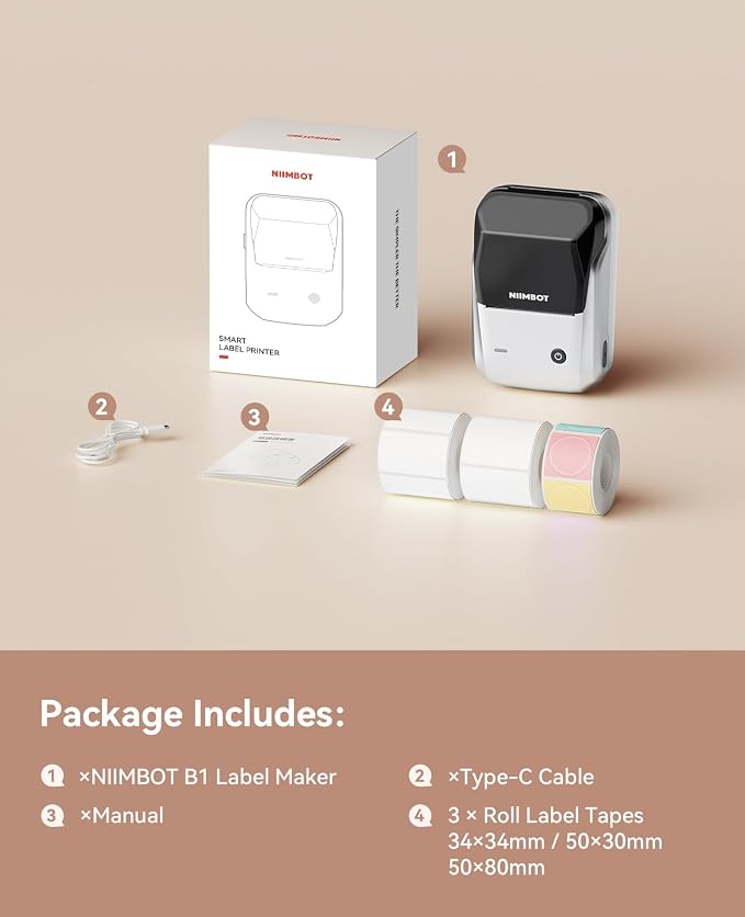 NIIMBOT 2Inch Label Maker Machine with 3 Tape, B1 Portable Sticker Printer for Small Businesses, Clothing, Logo, Jar, Address, Compatible with Phones & PC, Silver Gray