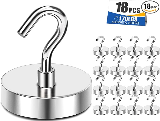 MIKEDE Magnetic Hooks 170lbs Strong Magnets Hook 18 Pack | Heavy Duty Extra Strong Cruise Hook for Hanging Industrial Metal Refrigerator Hooks for Cruise Cabins Fridge Kitchen Grill