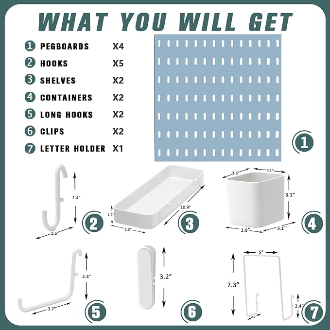 MULSAME Pegboard Combination Kit, Wall Mounted Storage Set with 4 Pegboards & 14 Accessories Hanging, Blue Peg Boards Organizer for Walls Display, Crafts Organization, Kitchen Organizer, 22" x 22"