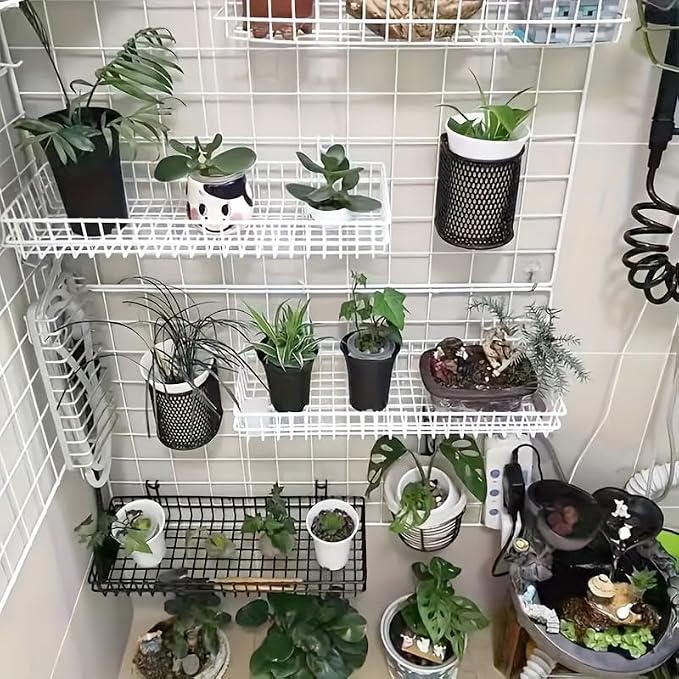 4 Pack 15.75 x 6 x 2.36 Inch Metal Grid Wall Baskets with Hooks, Hanging Wire Grid Basket, Multi-Function Wall Mounted Organizer for Kitchen Organizing Display, White