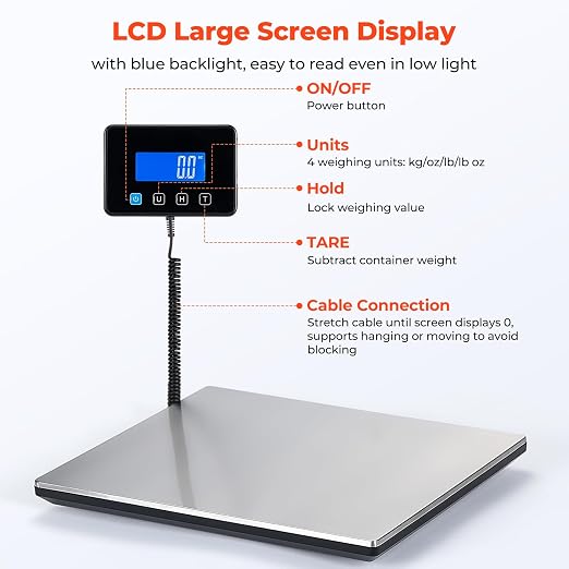 MUNBYN Shipping Scale, 660lb/1.8oz Digital Postal Scale for Packages with Hold/Tare Function, Backlit LCD, Battery & Cable Included, Postage Scale for Small Business, Packages, Luggage, and Home Use