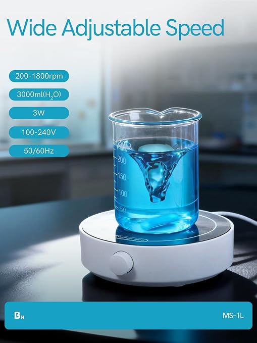 Magnetic Stirrer, 200-1800 RPM Magnetic Plate with 3 Stir Bars and a Retriever, Max Stirring Capacity: 3000ml, Magnetic Mixer with Speed Control for Liquid Mixing (No Heating) MS-1L