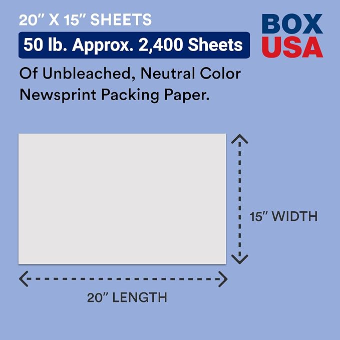 BOX USA Packing Paper Sheets 20 x 15 (2400 Sheets, 50 lb) - Newsprint Paper for Shipping, Storage and Moving Supplies, White