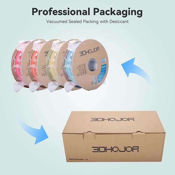 3DHoJor Matte PLA Filament 1.75mm, Upgrade 1kg*4 Bundle Cardboard Spool PLA Filament 1.75 PLA 3D Printing Filament, Print with Most 3D Printers-Strawberry red+Light Blue+Almond Yellow+Tangerine