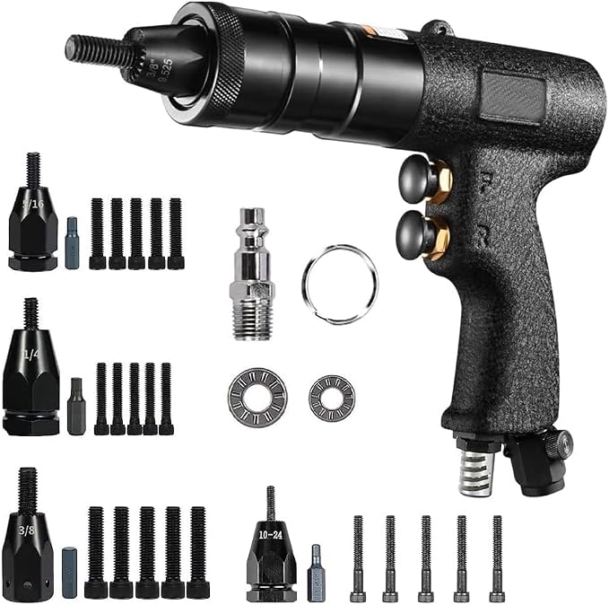 Pneumatic Rivet Nut Gun Tool, 10-24 & 1/4, 5/16, 3/8 inch Self-Locking Head, Heavy Duty Adjustable Speed Air Rivet Gun with Mandrels Riveting Gun Kit Riveter Set Pull Rivnut Gun