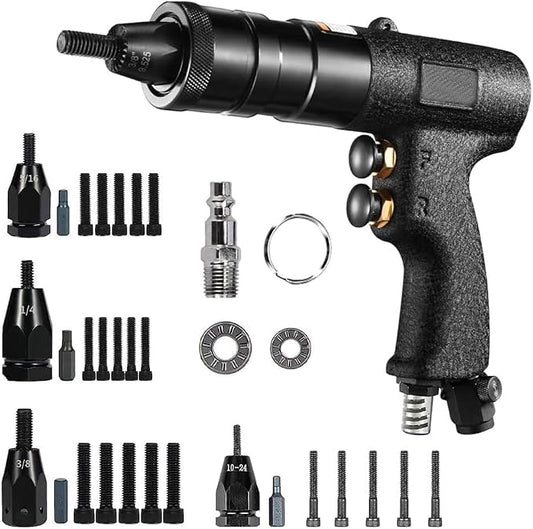 Pneumatic Rivet Nut Gun Tool, 10-24 & 1/4, 5/16, 3/8 inch Self-Locking Head, Heavy Duty Adjustable Speed Air Rivet Gun with Mandrels Riveting Gun Kit Riveter Set Pull Rivnut Gun