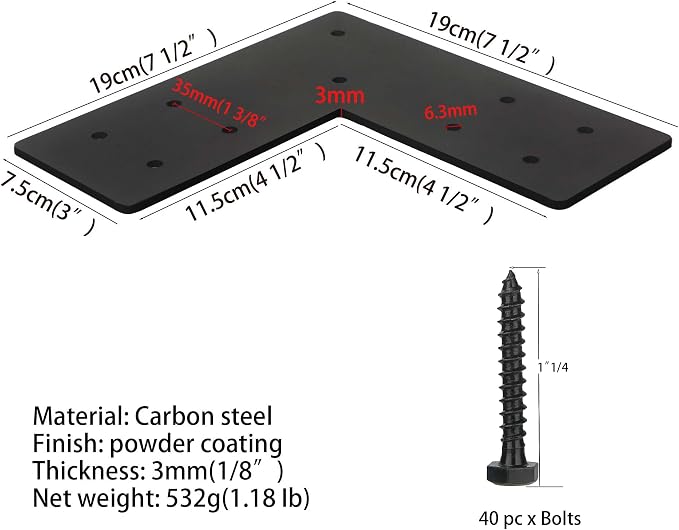 4packs Black L Brackets Corner Brace 90 Degree Right Angle Metal Heavy Duty Angle Bracket for Wood Furniture Shelf Cabinet Repair Support Joint Fastener with Screws 7.5x7.5x3” Large Connector