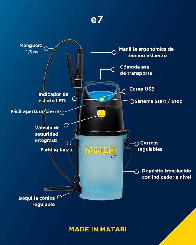 Matabi e7 - Electric Garden Sprayer 1,3 Gal - Battery-Powered Sprayer with USB-C Charging - Star/Stop System - Adjustable Nozzle & Translucent Tank