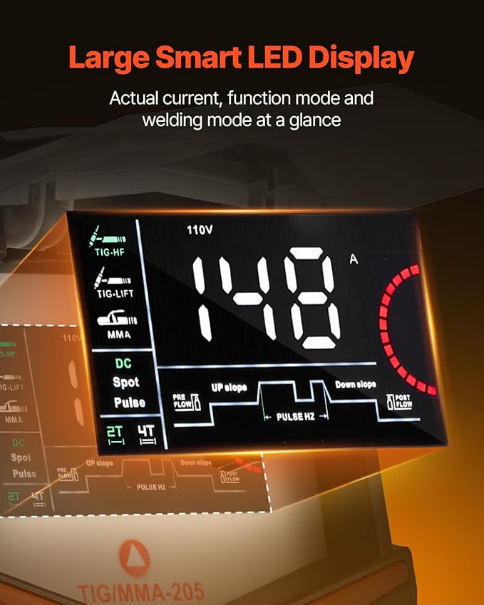 VEVOR TIG Welder, 205A 3-In-1 Welding Machine (Large LED Display)- DC TIG/DC Pulse TIG/MMA(Stick), 110&220V Dual Voltage Electric Welder with IGBT Inverter High-Frequency Start