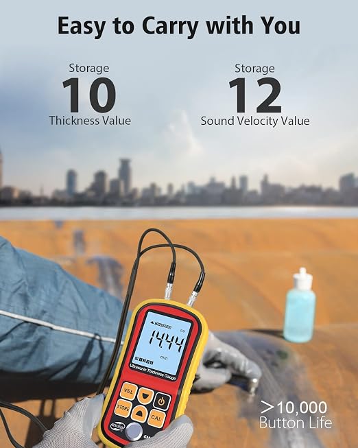 GM100 Digital Ultrasonic Thickness Gauge Meter, Range 0.047 to 8.85in, for Measuring Metal and Nonmetal Aluminum, Zinc, Silver, Gold, Tin, Iron, Steel, Copper, PVC, Glass, Zirconium, Nylon