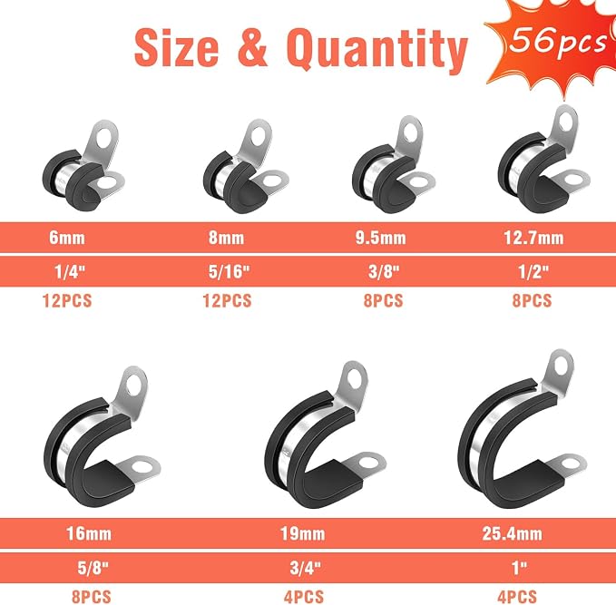 AKIHISA 56Pcs 1/4"-1" 7Sizes Kit Cable Clamps Kit, 304 Stainless Steel Conduit Clamps, for Cable, Pipe, Hose, Fuel Line, Metal Wire Cord Installation