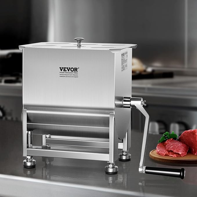 VEVOR Manual Meat Mixer, 10L Fixed Tank – Heavy Duty Stainless Steel Hand Mixer for Ground Beef & Sausage, Max 15lb Mixing Meat Capacity, with Lid Handle