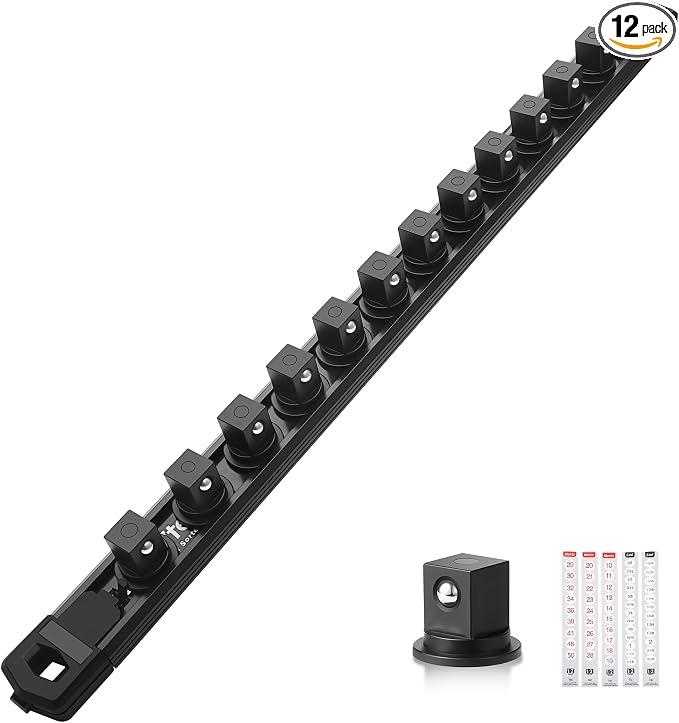 Reniteco Magnetic Socket Organizer, 1/2" Drive Aluminum Alloy Socket Rail, Heavy Duty Magnetic Socket Holder with 12PC 360° Swivel Removable Clips, Magnetic Socket Rack for Tool Box Drawer, Black
