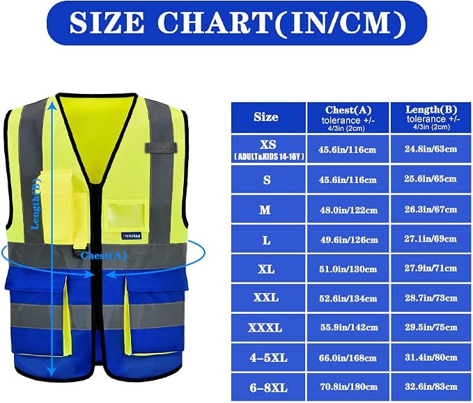 A-SAFETY Hi-Vis Safety Vest, 7 Pockets, Front Zipper, Yellow/Blue, 6XL-8XL | Yellow/Blue 6XL-8XL Polyester work vest with reinforced pockets, front zipper and clear ID holder for airport ground crews.