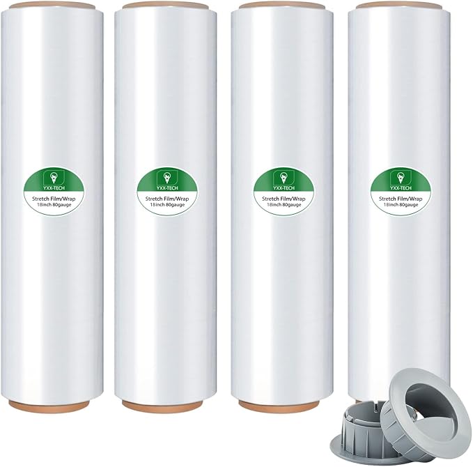 Stretch Wrap Rolls, Shrink Wrap 18in x 1500ft 4 Pack, Heavy Duty Pallet Wrap | Crystal Clear, Self-Adhesive Cling, Includes Hand Grips, 80 Gauge Industrial Strength, for Moving Packing Shipping