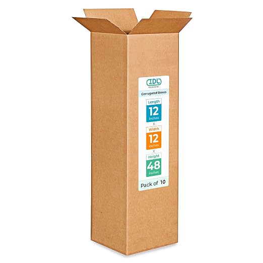 Tall Moving & Shipping Boxes 12x12x48 inches (10-Pack) - Extra Strength 200 lb vs Regular - USA-Made Corrugated Boxes for Packaging Moving - Tall Box for USPS, UPS, FedEx - Moving Box by IDL Packaging