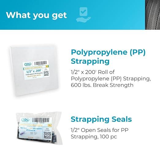IDL Packaging Refill for Portable 1/2" Polypropylene (PP) Strapping Kits - 1/2" x 200' Polypropylene Strapping Coil with 600 lbs Break Strength and 100 of 1/2" Open Seals