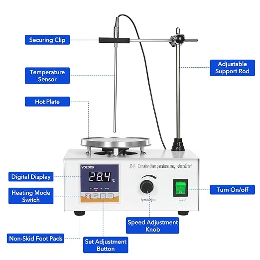 85-2 Digital Display Magnetic Stirrer with 4 Magnetic Stir Bars – Magnetic Stirrer Hot Plate, 0-2000 RPM Lab Stirring System with Temperature Probe, Stainless Steel Plate & Stand Support
