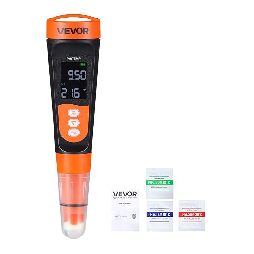 VEVOR pH Meter, 0-14 pH Range, IP68 Waterproof Probe, Pocket Tester Kit with Calibration Powder Packets, VA Display Screen, for Drinking Water, Hydroponics, and Aquarium Water Quality Testing