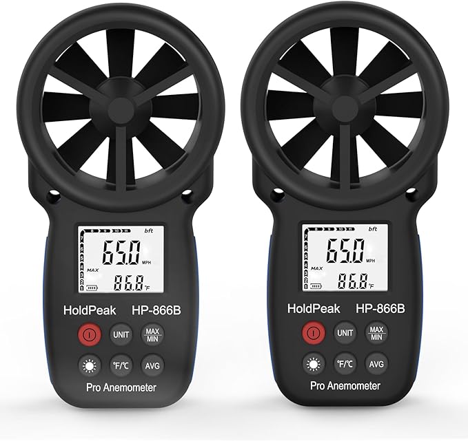 [2 PCS] HoldPeak 866B Handheld Anemometer, Digital Wind Speed Gauge Meter, Air Flow Velocity Temperature CFM Measuring Device for HVAC Outdoor Sailing Shooting Golf