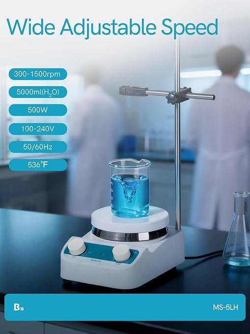 Magnetic Stirrer, 300-1500 RPM Magnetic Plate with 8 Sizes of Stir Bars, a Retriever, Max 536℉ Hotplate, Max Stirring Capacity 5000ml, Magnetic Mixer with Speed Control for Liquid Mixing MS-5LH