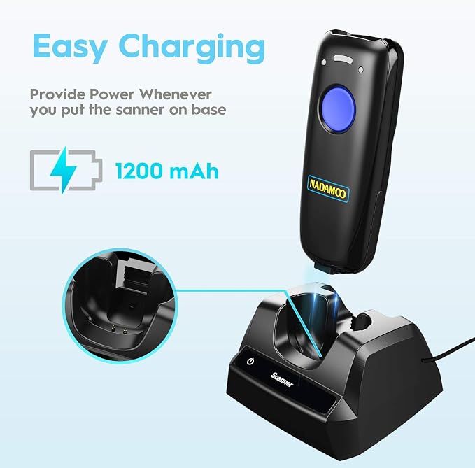 NADAMOO 1D Wireless Barcode Scanner Compatible with Bluetooth, with Charging Dock, Portable USB Bar Code Scanner for Inventory, 2.4G Wireless & Wired Barcode Reader for Tablet iPhone iPad Android iOS