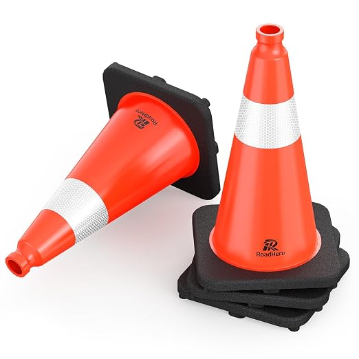 RoadHero 4 Pack Traffic Safety Cones 18 Inch with Black Weighted Base, Plastic PVC Cone, Orange Cones with Reflective Collar, Cones for Parking Lot, Construction Events, Road Safety