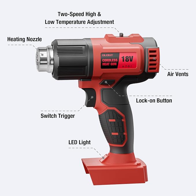 Cordless Heat Gun for Mil-waukee M-18 Battery, 7Pcs Nozzles&Scraper, LED Light, 350W Fast Heating Soldering Hot Air Gun, 2-Temp Setting Max 990℉(532℃), Heat gun for Shrink Tubing, Crafts (Tool Only)