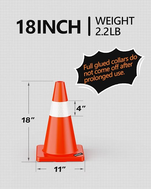 BATTIFE 12 Pack Traffic Safety Cones 18 Inch with Reflective Collars PVC Orange Construction Cones for Home Driveway Road Parking Use