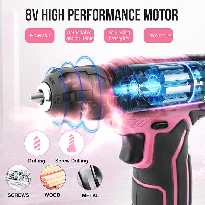 133-Piece Pink Electric & Manual Tool Set for lady - USB Rechargeable Handheld Screwdriver, Claw Hammer, Drill Bits, Essential Accessories, Portable Storage Case, Ideal Gift for Women