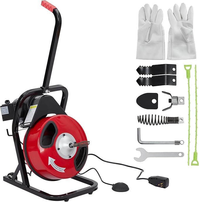 50 FT x 1/2 Inch Drain Cleaning Machine, 250W Powered Sewer Snake Auger with Auto Feed, 4 Replaceable Cutters & Pneumatic Foot Switch, Semi-Enclosed Drum Design, Ideal for 2"–4" Clogged Pipes