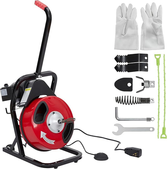 50 FT x 1/2 Inch Drain Cleaning Machine, 250W Powered Sewer Snake Auger with Auto Feed, 4 Replaceable Cutters & Pneumatic Foot Switch, Semi-Enclosed Drum Design, Ideal for 2"–4" Clogged Pipes