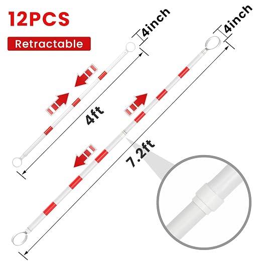 12 Pcs Retractable Traffic Cone Bar from 4ft to 7.2ft, Expandable Safety Cone Bars, Lightweight Barricade for Parking Lots, Road Construction (Cone Not Included, Red and White)