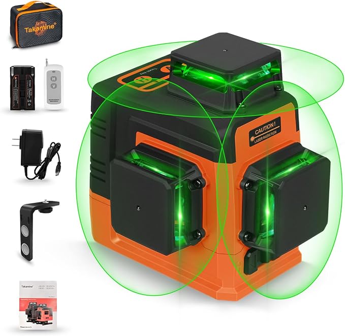 Takamine 12 Lines Laser Level Self Leveling 3x360° 3D Green Cross Line for Construction/Picture Hanging, Remote Controller, Magnetic Stand and portable bag