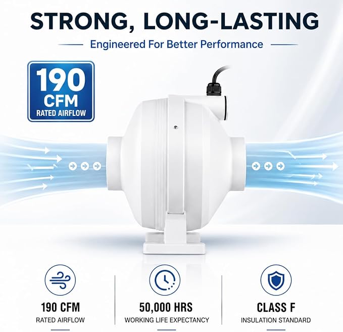 4 inch Radon Mitigation Fan 4" – 190 CFM Quiet Inline Duct Fan | IP67 Waterproof, 58 W Energy‑Saving Motor – Easy Install Indoor/Outdoor Radon Exhaust System