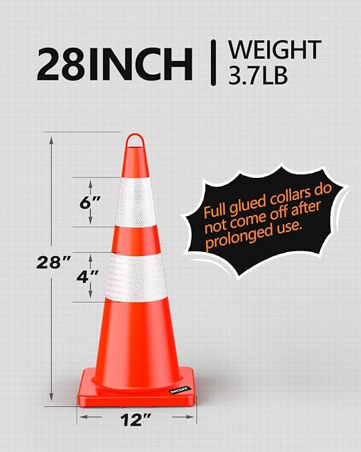 BATTIFE 6 Pack 28 Inch Traffic Safety Cones with Reflective Collars, Heavy Duty Orange Parking Cones for Road Construction and Traffic Control