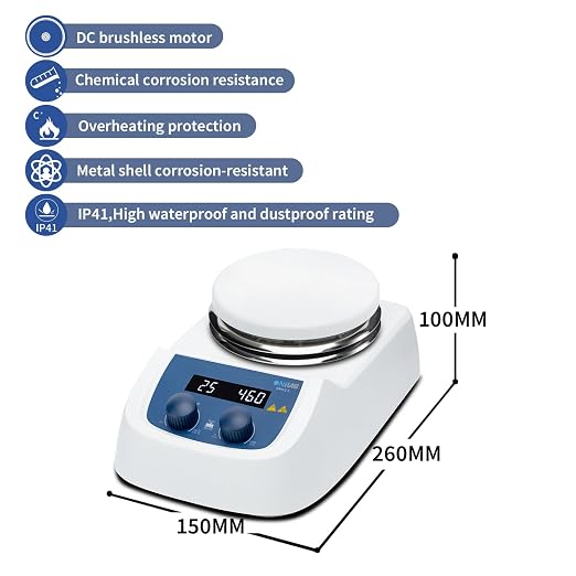 ONiLAB 120℃ 5 inch Round LED Digital Hotplate Magnetic Stirrer with Ceramic Coated Stainless Steel Work Plate, 200-1500rpm,5L,110V,Temp Probe Sensor & Support Stand & Stirring Bar Included