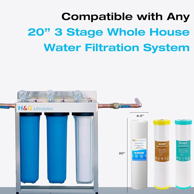 H&G Lifestyles Whole House Water Filter Cartridge 4.5 x 20 KDF Water Filter | Polyphosphate Water Descaler, PP Cotton Filter, Compatible with ECP5-20BB,SPC-45-2005,DGD-5005-20