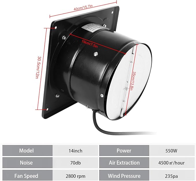 14 Inch Exhaust Fan with Plug, Through-the-Wall Ventilation Fan with Light Weight Pure Copper Motor, for Laundry Room, Toilets, Garage, and Shopping Mall, 110V (14 inch, black)