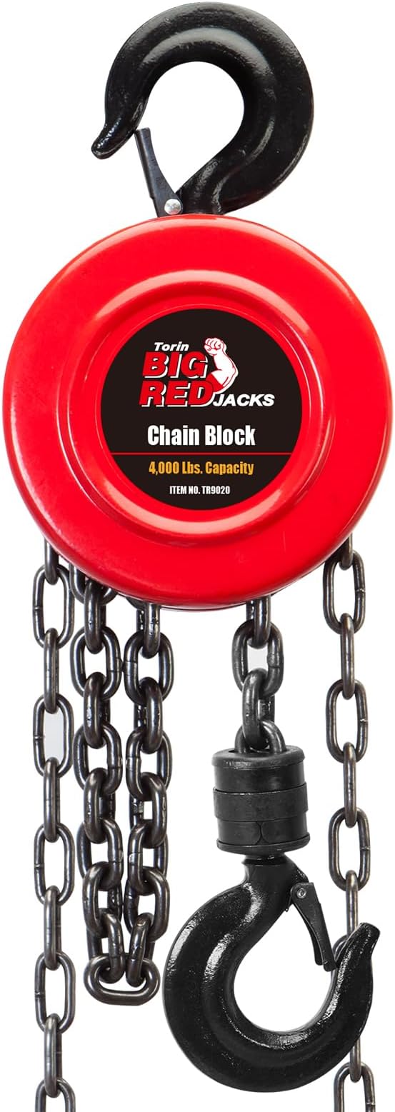 BIG RED TR9020 Torin Manual Hand Lift Steel Chain Block Hoist with 2 Hooks, 2 Ton (4,000 lb) Capacity, Red