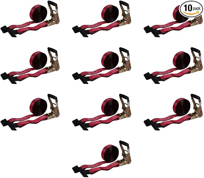 Mytee Products Ratchet Tie-Down Straps with Flat Hooks, 2" x 30' Ratchet Straps Red | 10,000 Lbs Breaking Strength | TieDown Ratchet Straps for Flatbed, Truck, Trailers Pickup - 10 Pack