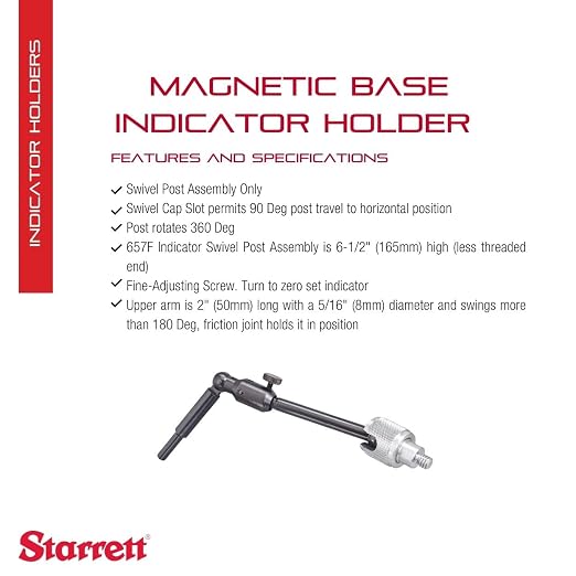 Starrett Magnetic Base Indicator Holder, Individual Component with Fine-Adjusting Screw - Ideal for Wood Working and Metal Working - 2" Upper Arm, 5/16" Diameter - 657F