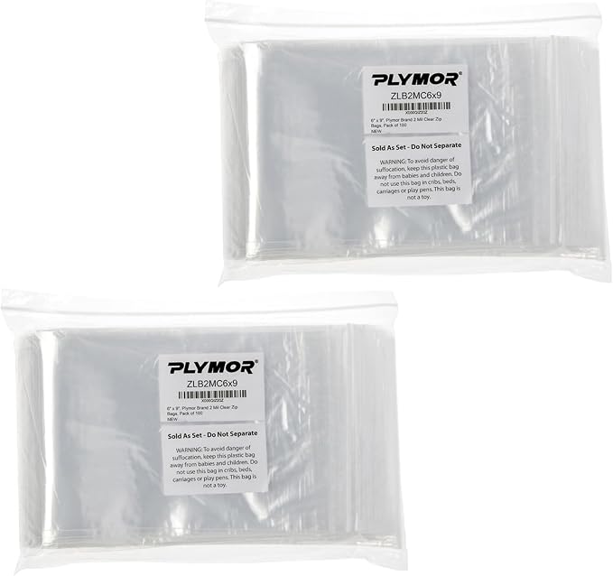 Plymor 6" x 9" (Pack of 200), 2 Mil Zipper Reclosable Plastic Bags