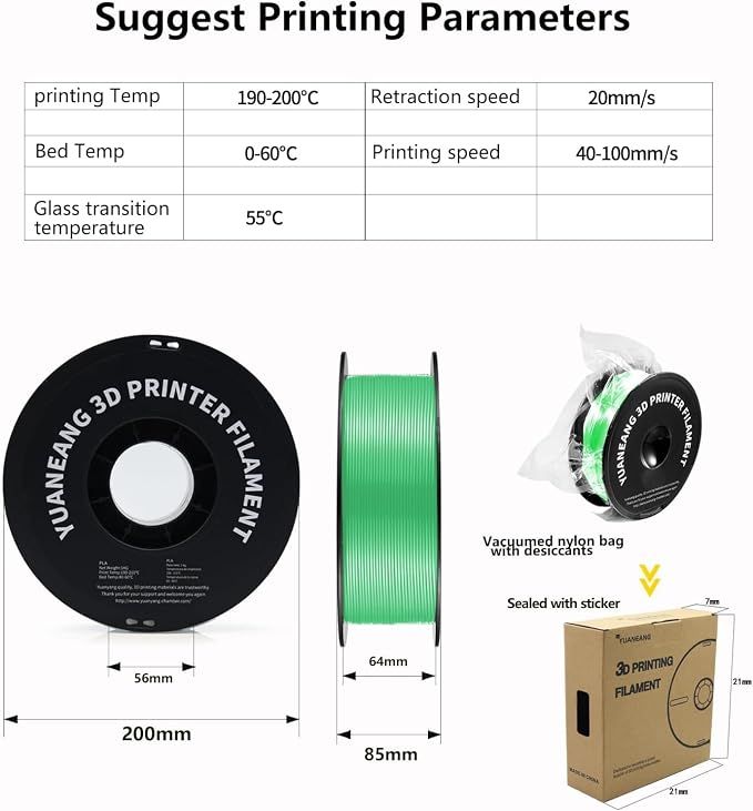 Green PLA 3D Printer Filament 1.75mm, 1kg Spool, ±0.03mm Precision, Low-Warp & Easy Printing, Ideal for Models, Crafts, Prototypes, Decorations & Nature-Themed Prints