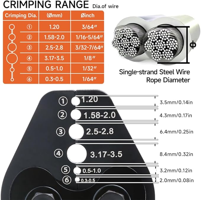 Wire Rope Crimping Tool with Ratchet, Ferrule Swaging Tool for Aluminum Sleeves, Loop Sleeves, Wire Rope Crimper for 1/64''-1/8''(0.3mm-3.5mm) Cables, Heavy-Duty Swaging Tool for Railing, Fishing