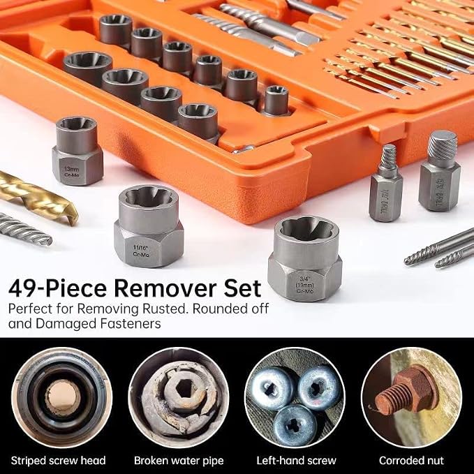 XEWEA 49PCS Screw & Bolt Extractor Set with Left Hand Drill Bit Set, Multi-Spline Easy Out Broken Bolt Remover Tools for Damaged Stripped Rounded-Off Bolts, Socket Screws, Nut, Studs and Fittings